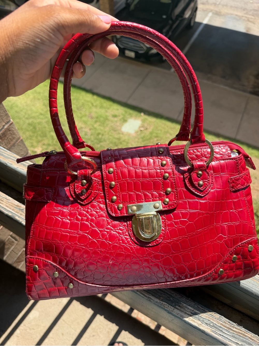 Red Croc-Embossed Satchel Handbag